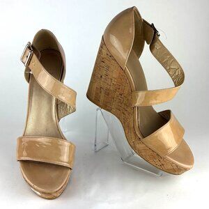 Stuart Weitzman Nude Patent Leather Cork Wedge Sandals - Elegant & Versatile sz.